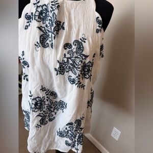 BCX White Halter Camisole with Navy Floral Embroidery